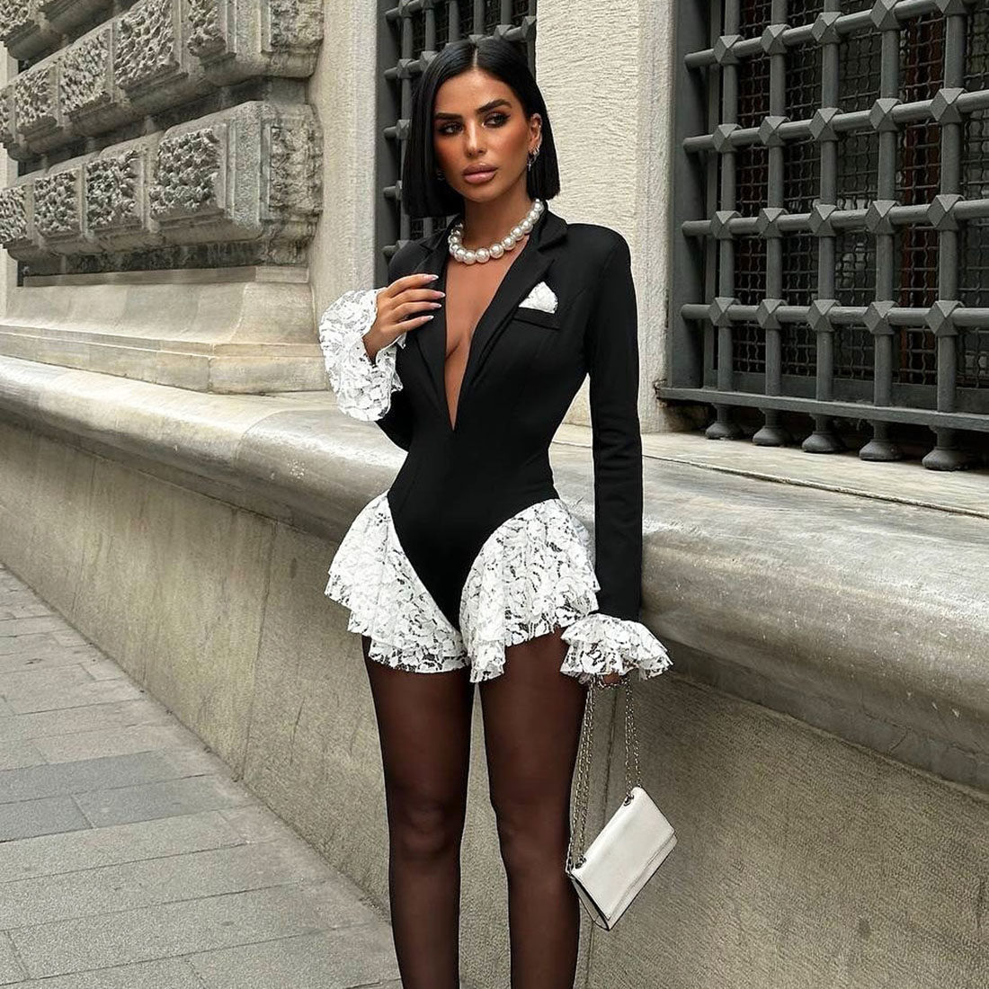 KLIOU 欧美拽姐风撞色性感深V领连衣裙女蕾丝拼接时尚显瘦连体裤,淘宝优惠券,粉丝福利购,淘宝优惠卷