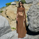 KLIOU hot girl resort style retro caramel brown long-sleeved T-shirt pleated slimming high-waisted skirt two-piece trendy set