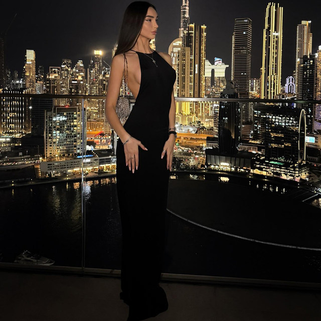 KLIOU super hot sister style fashionable black halterneck sleeveless dress for women slimming and revealing backpack buttocks long skirt trendy