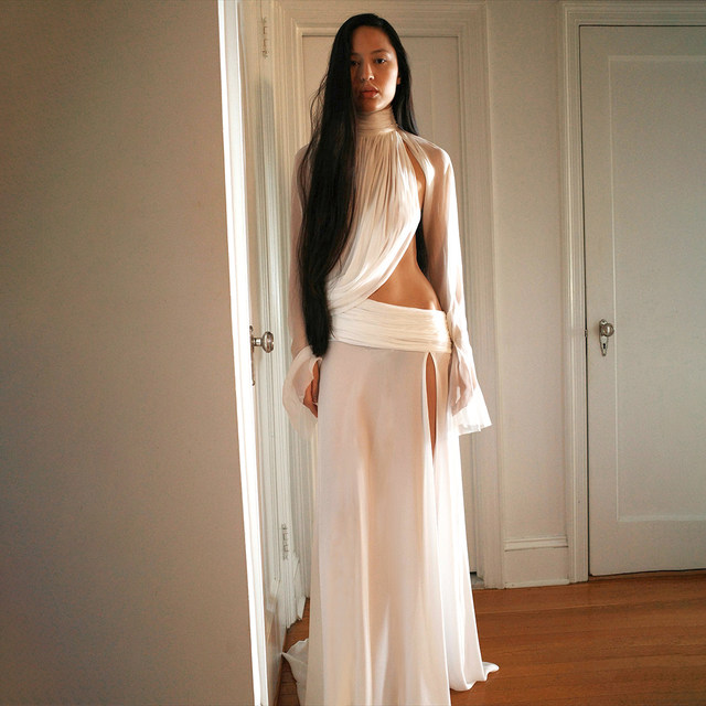 KLIOU Pure Desire Design Niche Hollow Revealed Waist High Neck Long Sleeve Top Fashionable Slit Hot Girl Long Skirt