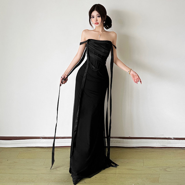 KLIOU fishing style sister style design ribbon tube top dress for women retro slimming pinch waist hip long skirt trendy