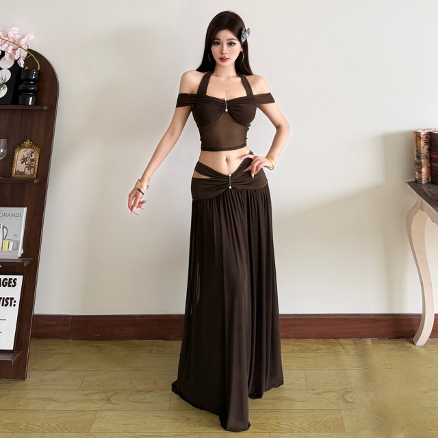 KLIOU Milk Brown Retro Mesh Spliced Halter Neck Off-Shoulder Top Hollow Slim High Waist Skirt Suit