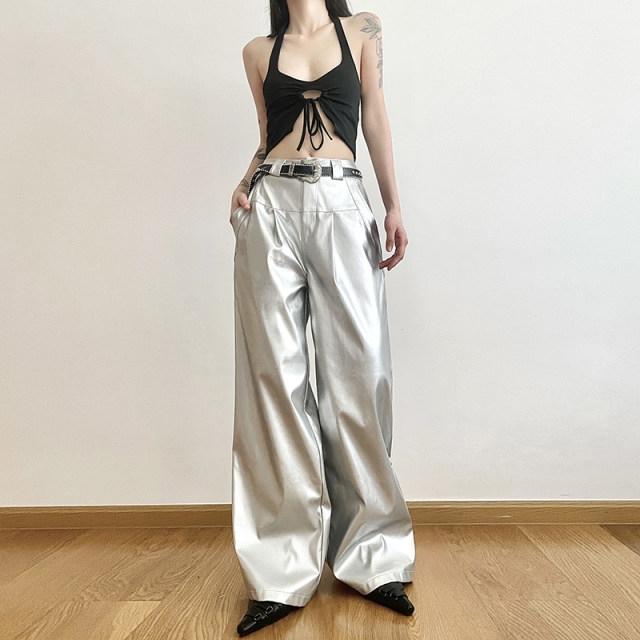 Cool and cool sister hits the street silver high-waisted casual pants