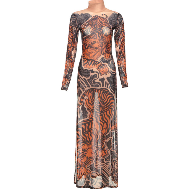 Retro personalized tiger print half turtleneck long-sleeved T-shirt