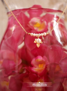 日系微笑珍珠金色枫叶项链