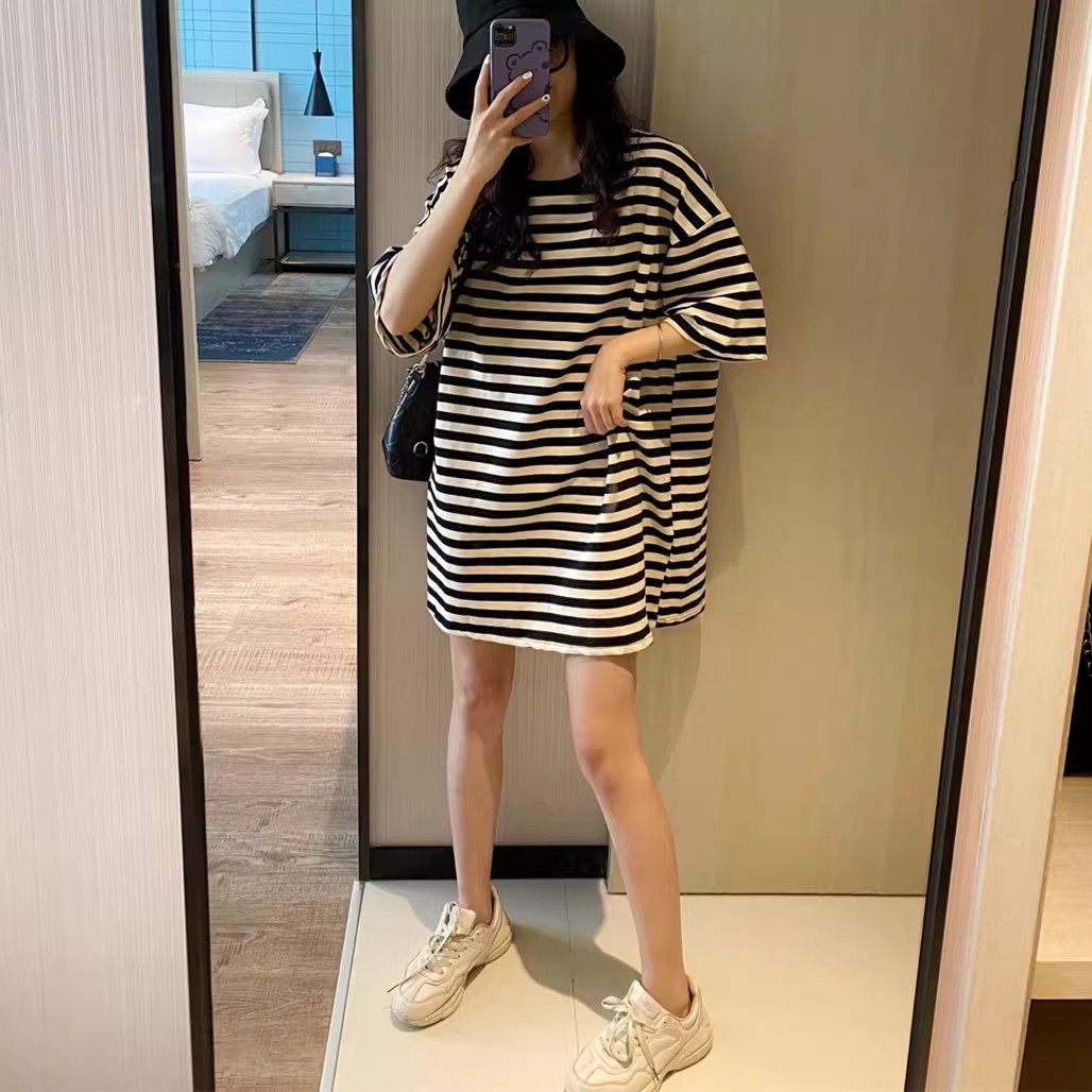 孕妇装2025夏季新款条纹t恤女短袖宽松大码中长款t恤裙半袖上衣女,淘宝优惠券,粉丝福利购,淘宝优惠卷