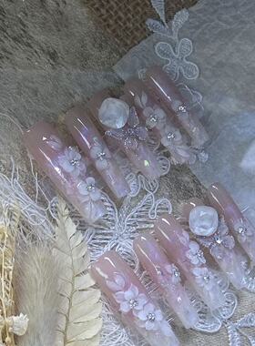 纯手工穿戴甲长款奢华醋酸雕花显白珍珠高端精致婚甲可拆卸甲