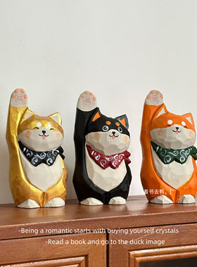 招福柴犬招财招福木雕摆件