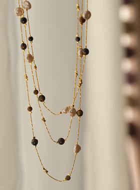 美拉德仿虎眼石仿珍珠长款项链女