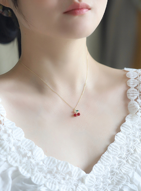 925纯银红色樱桃项链森系可爱