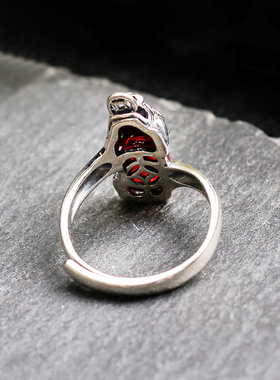 s925纯银招财复古红宝石貔貅戒指