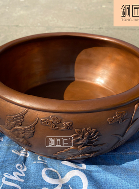 紫铜鹤寿千年聚宝盆摆件 铜缸聚宝盆摆设家居家用创意收纳缸