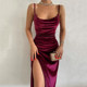 European and American style sexy backless suede suspender dress for women with one-line collar, high waist, slimming, solid color slit long skirt
