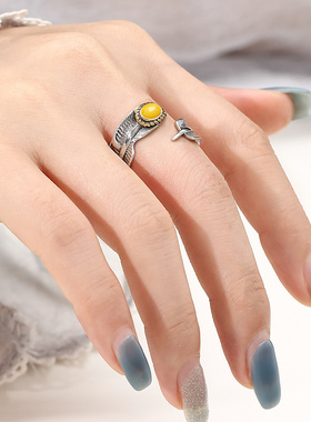 奢金轩男女纯银复古羽毛戒指空托