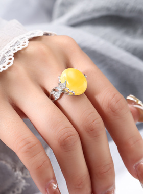 镀18k白金镶钻蜜蜡和田玉戒指托