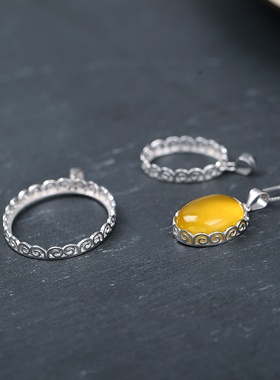 复古椭圆吊坠空托奢金轩S925纯银