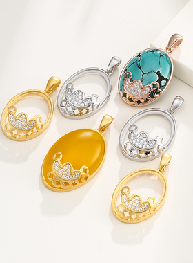 元宝国潮纯银镶嵌椭圆形吊坠空托