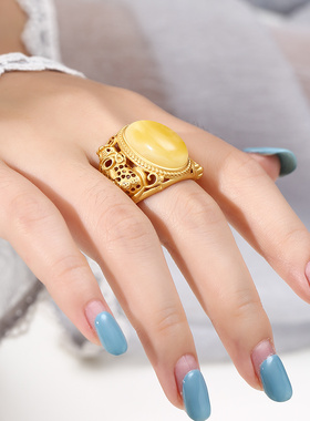 纯银霸气复古貔貅蜜蜡琥珀戒指托