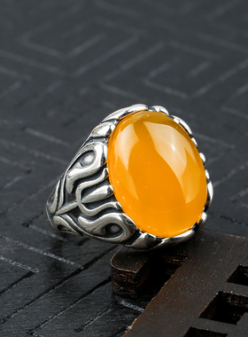 纯银镶嵌蜜蜡绿松石碧玺戒指空托