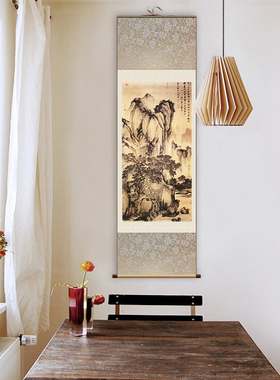 国画中式山水画黄山画办公室风水靠山客厅玄关装饰画丝绸画挂画