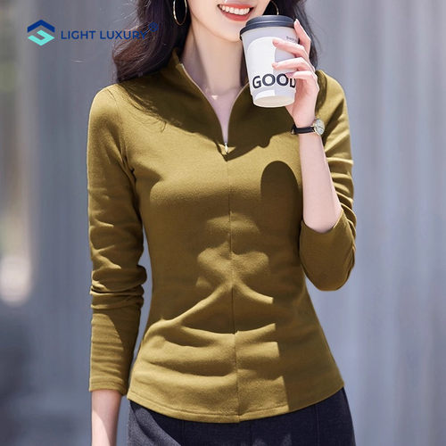 德绒拉链打底衫女加绒加厚保暖内搭修身别致蓝色小高领长袖上衣 - 图1