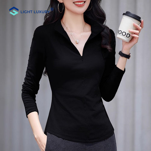 德绒拉链打底衫女加绒加厚保暖内搭修身别致蓝色小高领长袖上衣 - 图0