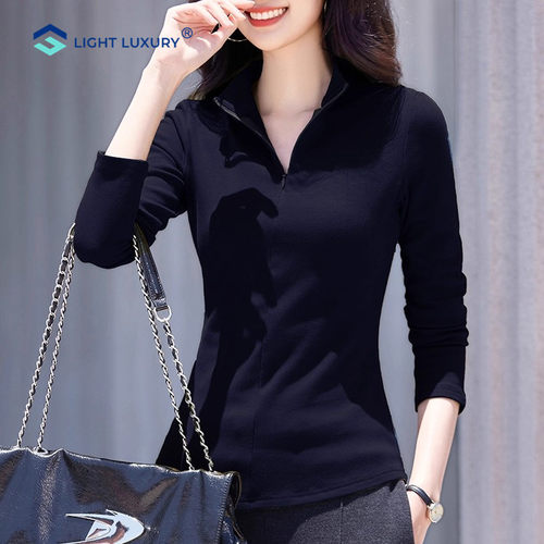 德绒拉链打底衫女加绒加厚保暖内搭修身别致蓝色小高领长袖上衣 - 图3