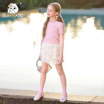 Girls beige cake skirt 2024 summer new style children's bow skirt high waist skirt ສາວນ້ອຍ