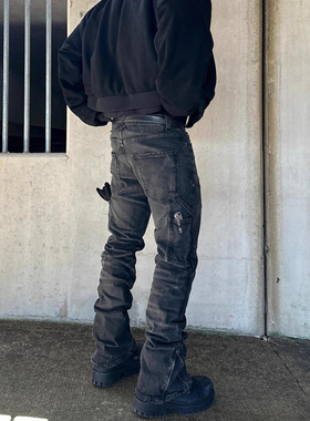 Men's black slim fit elastic multi pocket jeans男弹力牛仔裤
