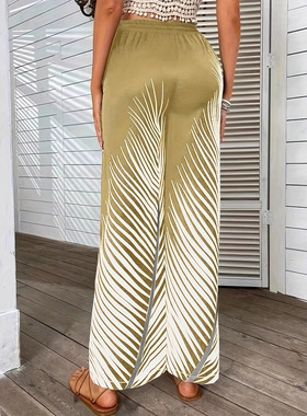 Women's striped leaf patterned wide leg pants女条纹叶阔腿裤