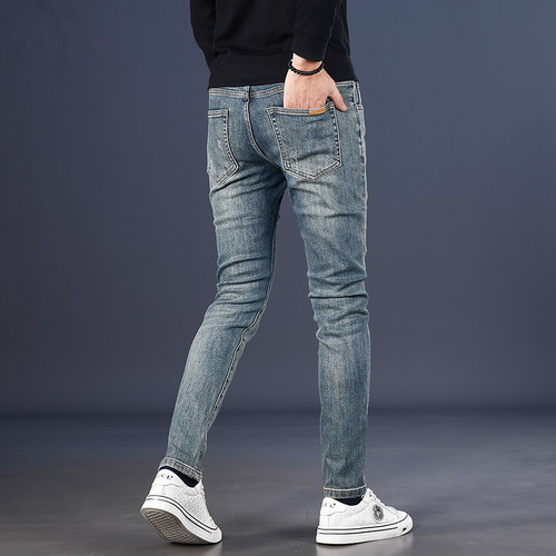 2025秋冬厚款浅蓝色牛仔裤男潮流百搭素色修身小脚弹力休闲裤子男 - 图3