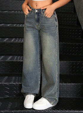 Women's retro washed wide leg jeans复古水洗阔腿牛仔裤跨境女