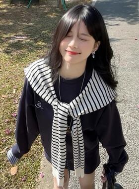 【韩版百搭】条纹披肩外搭女黑白