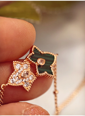 孔雀石幸运绿树叶吊坠项链锁骨链