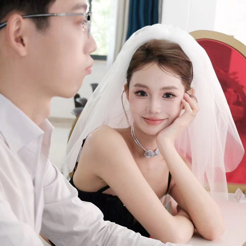 简约结婚纱登记领证小头纱头饰超仙森系短款发夹旅拍照新娘蝴蝶结 - 图0