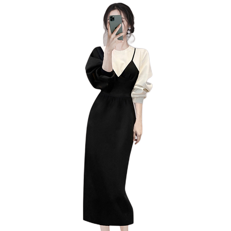 小众设计感假两件拼色连衣裙2023春季新款女装洋气女神范黑白裙子