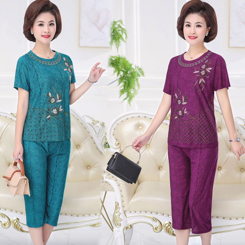 喜彭服饰旗舰店妈妈夏装冰丝上衣服中年女装短袖T恤中老年时尚显瘦大码两件套装0