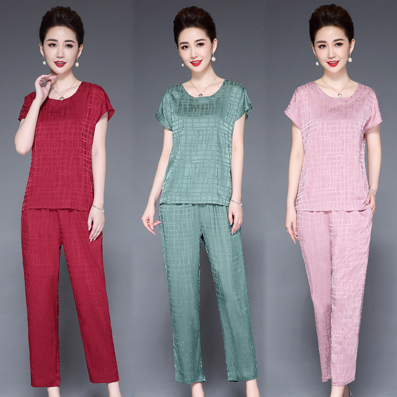 冰丝夏季可外穿短袖两件套妈妈睡衣 七彩萤睡衣/家居服套装