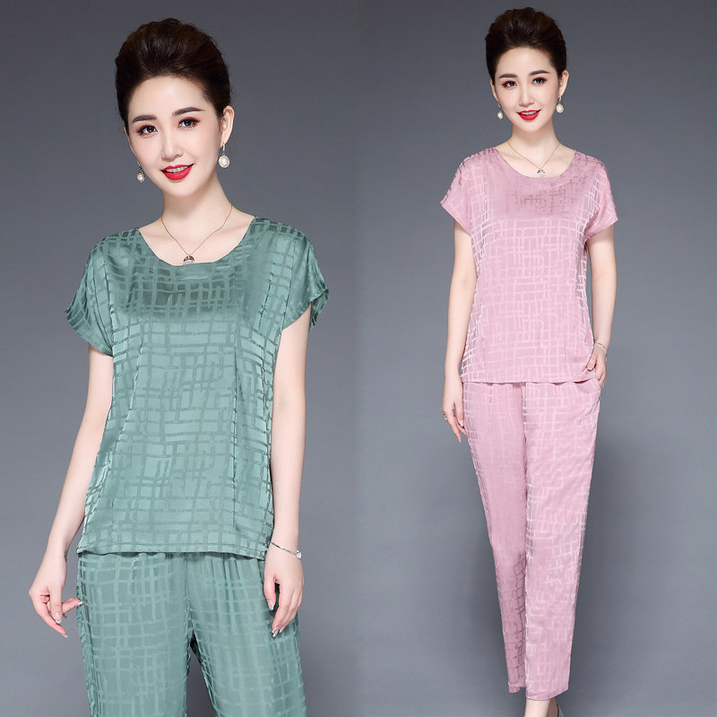 冰丝夏季可外穿短袖两件套妈妈睡衣 七彩萤睡衣/家居服套装