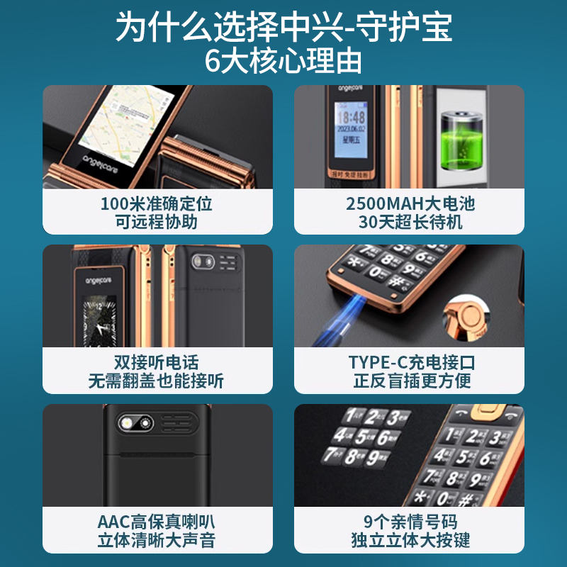 【4G全网通】中兴守护宝K589老年机老人手机正品翻盖大屏大字大声老年人老年机超长待机移动电信版品牌老人机