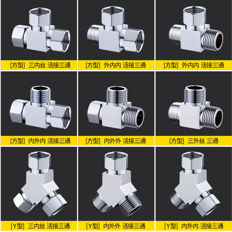 全铜活接三通角阀加厚一进二出分水器四分头转接口水管带开关活接-图2