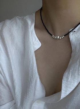 丝绸光猫眼银球项链黑色玛瑙渐变