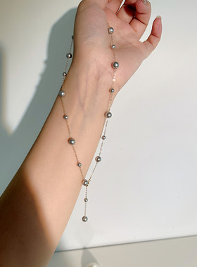 14k包金女交错满天星灰珍珠项链