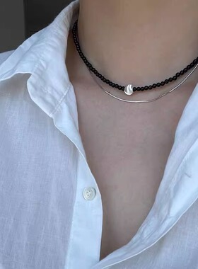 小众拉丝猫眼银珠纯银项链黑玛瑙