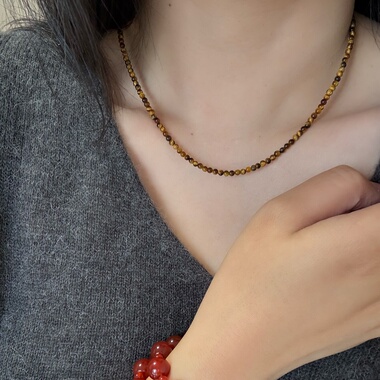 秋冬复古小众设计虎眼石项链女s925纯银轻奢高级感气质百搭锁骨链