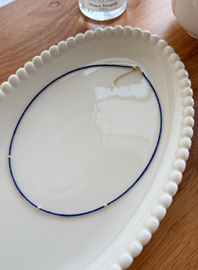 天然青金石直切小圆管项链女锁骨链轻奢小众设计美国14k包金颈链