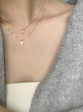 闪闪双层项链 通体925纯银mini十字架女镶钻冷淡风ins锁骨链百搭