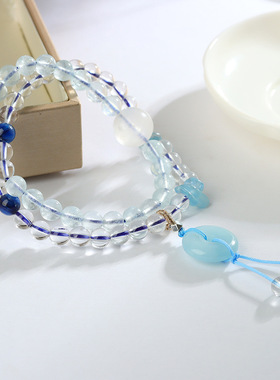 批发天然白水晶海蓝宝平安扣双圈手链新中式古风文艺原创手串饰品