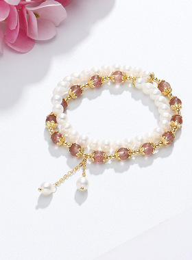 巴度水晶手链气质百搭双层叠戴淡水珍珠手串草莓晶珍珠手链批发