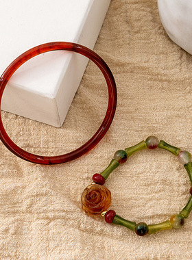 新中式国风玫瑰花手镯套装 复古中国风竹节串珠手饰旗袍配饰手链